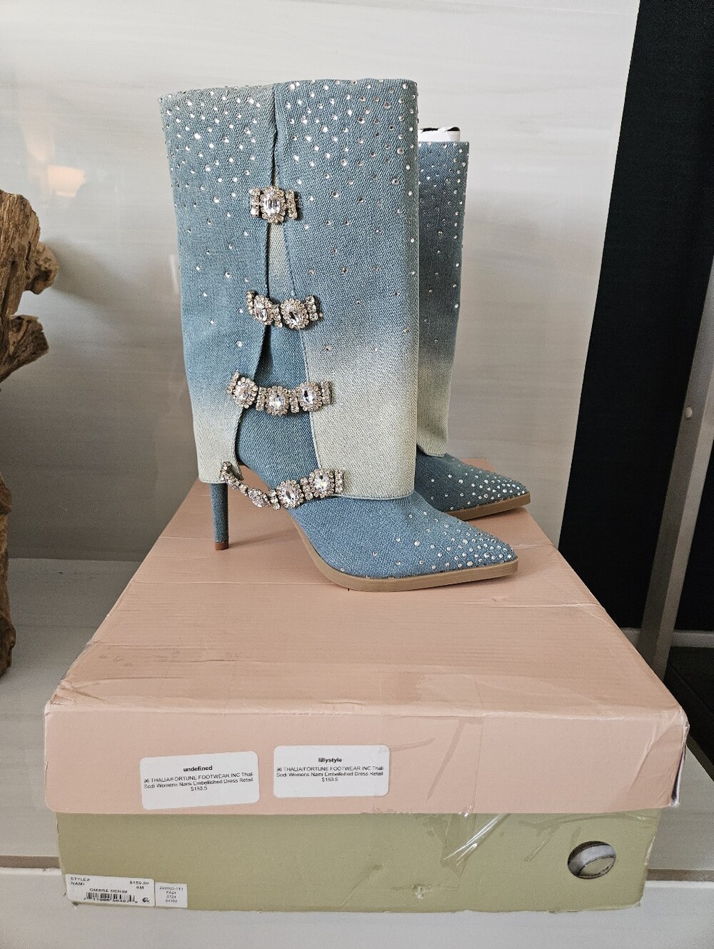 Thalia Sodi Denim Ombre Rhinestone Crystal Buckle Boots Size 6 NEW - Picture 13 of 14